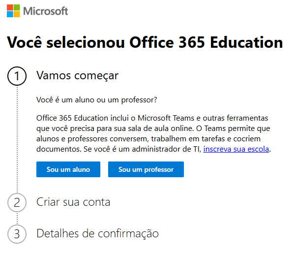 Office 365 Education   Sou Aluno ou Professor